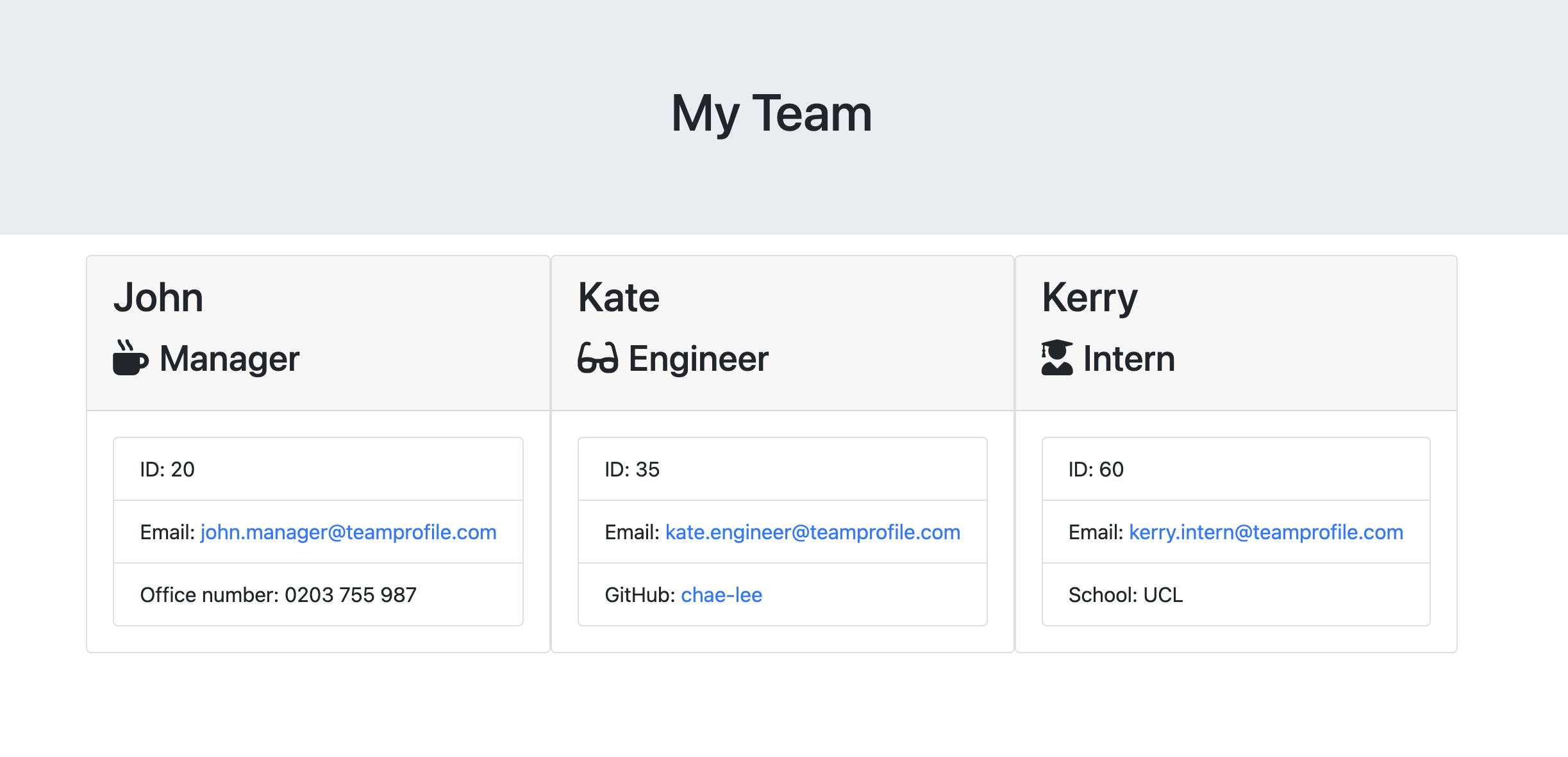 Screenshot of team profile generator webpage